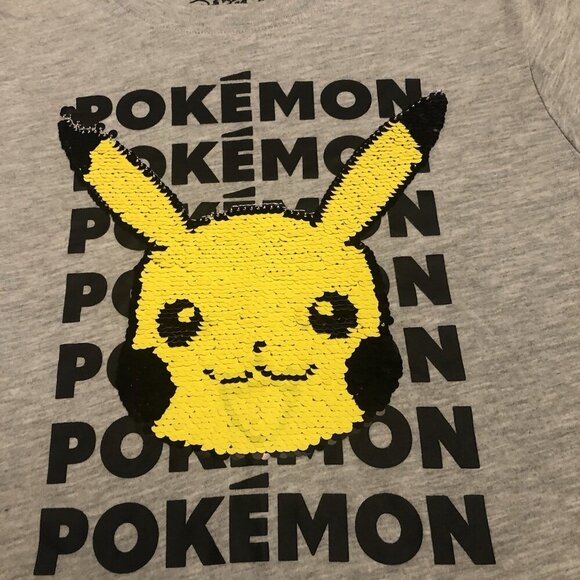 Pikachu Pokemon Flip Sequins Youth Size M Unisex Short Sleeve Heather Gray - Picture 5 of 11